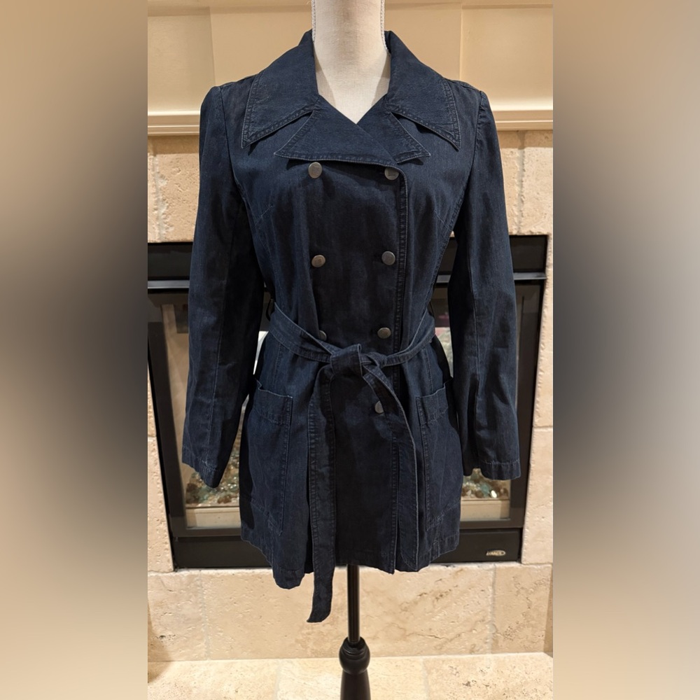 Talbots Petite Blue Denim Trench Coat Double Breasted Belted Pockets Size 6